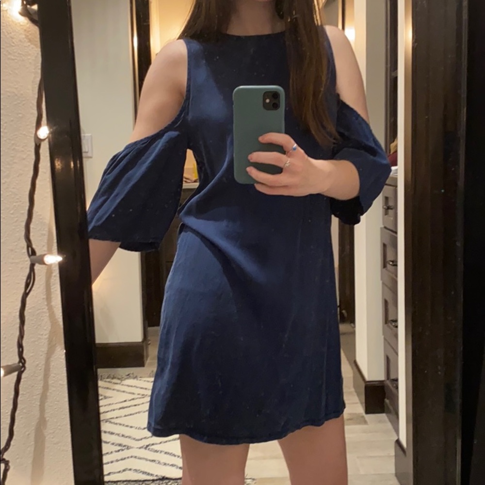 Blue Rain Cold Shoulder Tencel Shift Dress